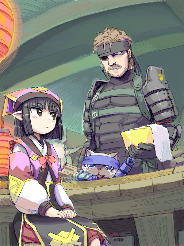 felyne, solid snake, big boss, and konaha (monster hunter and 4 more) drawn by ike_(altitude_attitude)