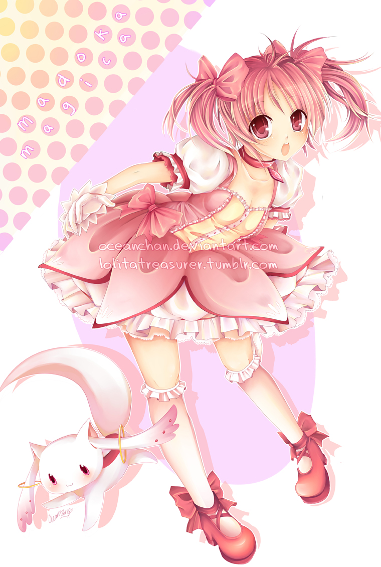 kaname madoka and kyubey (mahou shoujo madoka magica) drawn by oceanchan