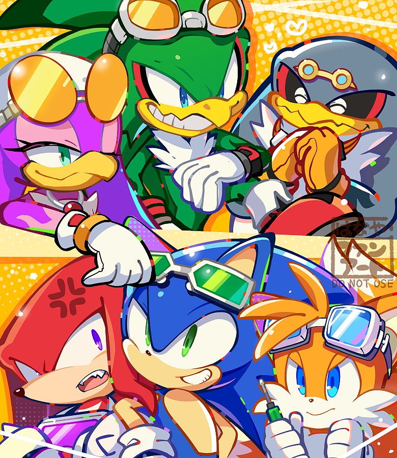 sonic the hedgehog, knuckles the echidna, wave the swallow, jet the hawk, storm the albatross, and 1 more (sonic and 1 more) drawn by hanadahanaya