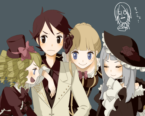 beatrice, ushiromiya battler, virgilia, gaap, and ronove (umineko no naku koro ni) drawn by 0930erina