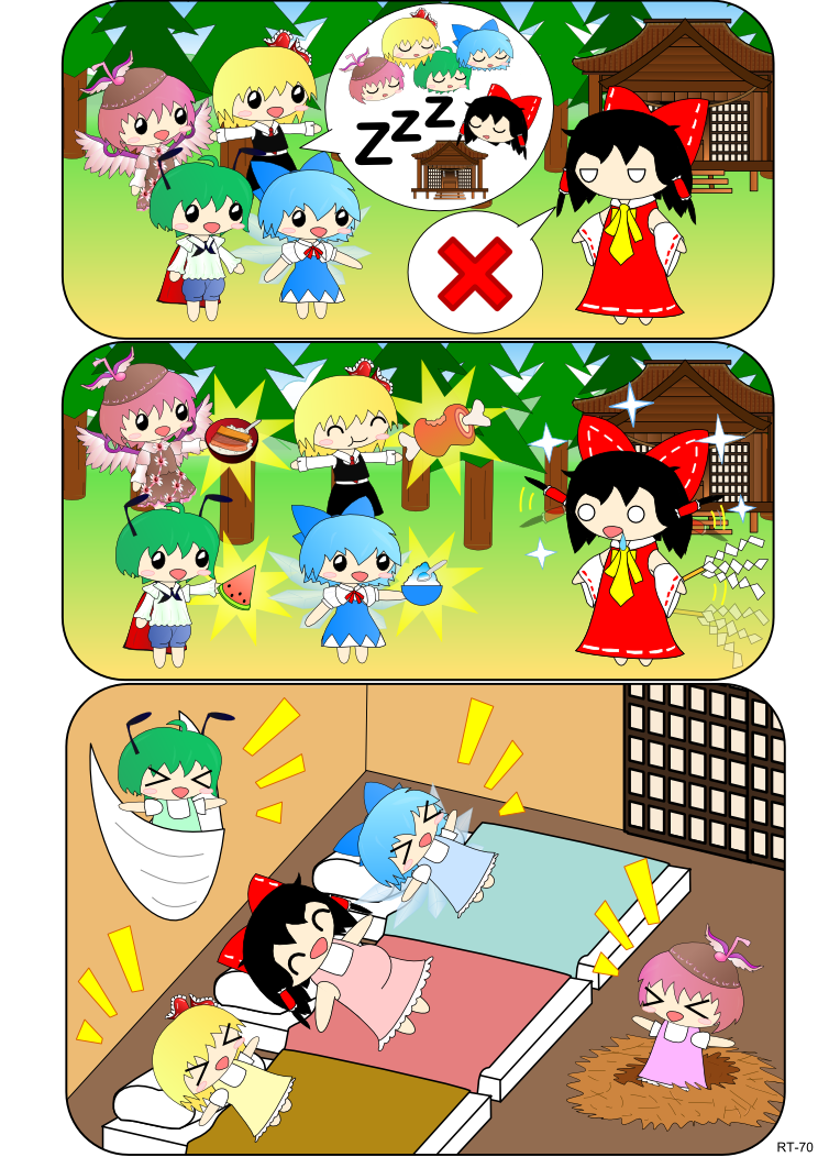 hakurei reimu, cirno, rumia, mystia lorelei, and wriggle nightbug (touhou) drawn by dozy_(d_mendozer)