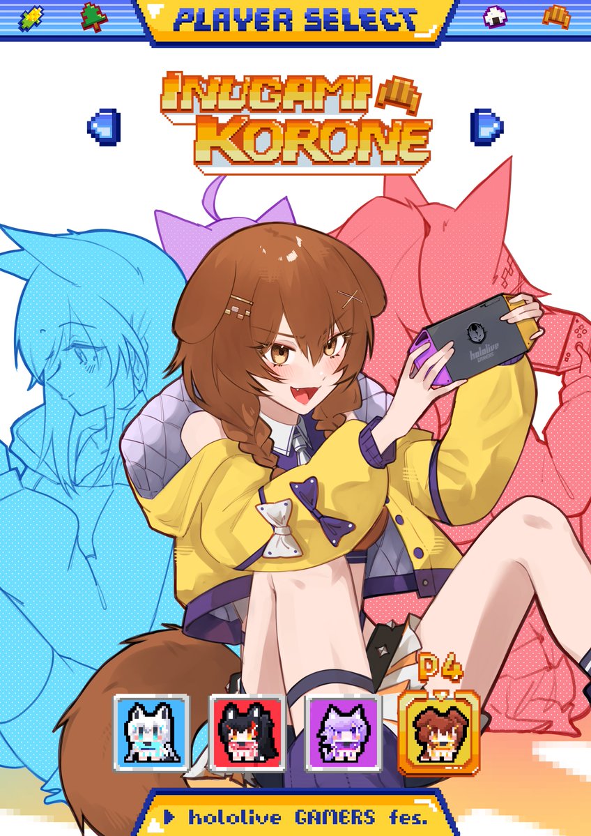 shirakami fubuki, nekomata okayu, ookami mio, and inugami korone (hololive) drawn by hunk_404