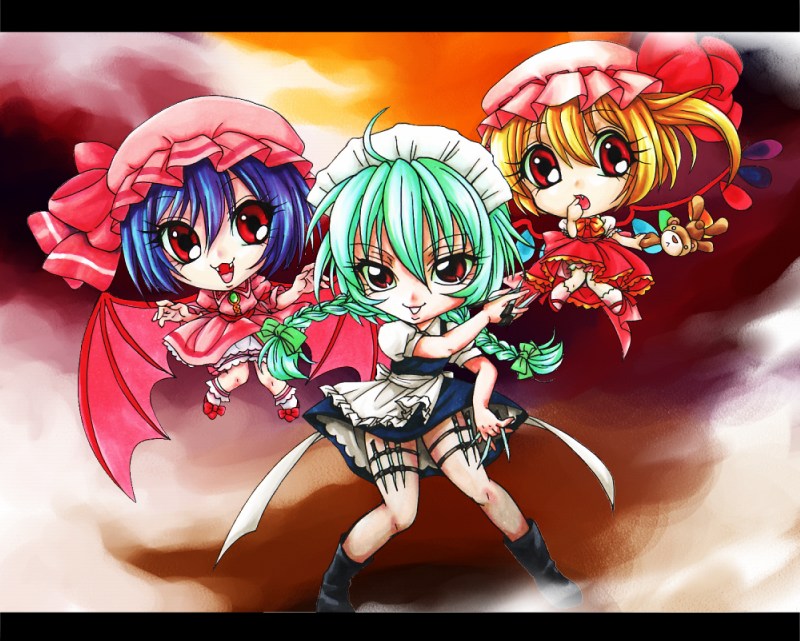 remilia scarlet, flandre scarlet, and izayoi sakuya (touhou) drawn by hirosue_makina