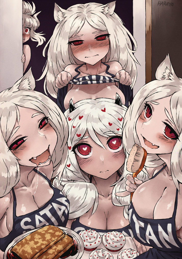 lucifer, modeus, and cerberus (helltaker) drawn by haraya_manawari