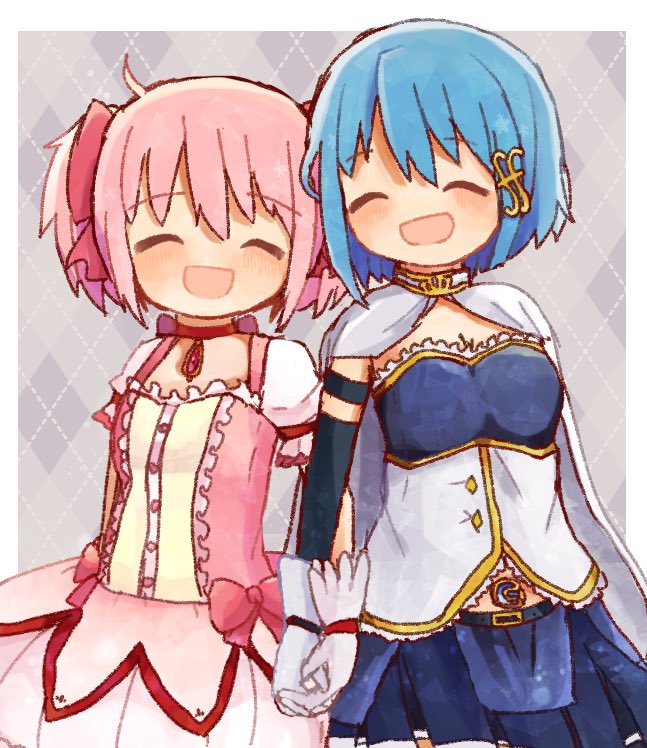 kaname madoka and miki sayaka (mahou shoujo madoka magica) drawn by okayutoma
