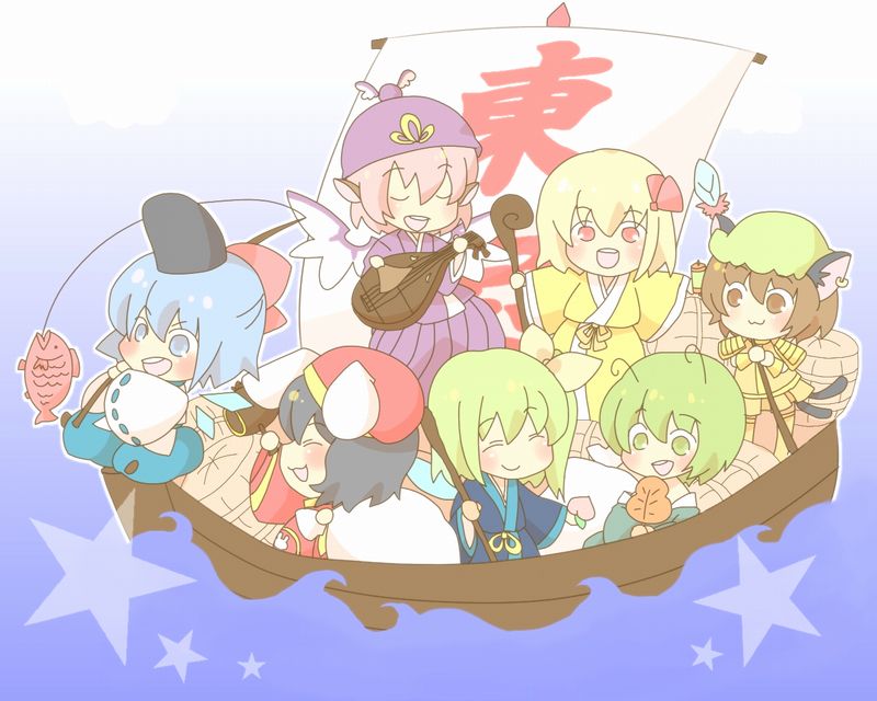 cirno, rumia, chen, mystia lorelei, inaba tewi, and 3 more (touhou and 1 more) drawn by sen1986