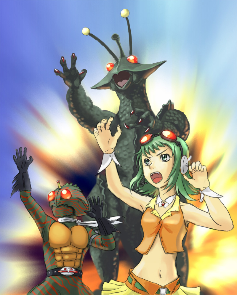gumi, kamen rider amazon, and guilala (vocaloid and 3 more) drawn by nyoruniru