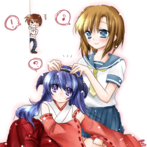 ryuuguu rena, hanyuu, and maebara keiichi (higurashi no naku koro ni) drawn by soumoto_mina