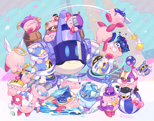 kirby, magolor, dark meta knight, sleep kirby, robobot armor, and 14 more (kirby and 2 more) drawn by komoreg