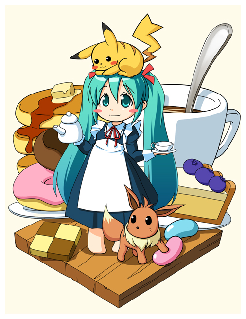 hatsune miku, pikachu, and eevee (pokemon and 1 more) drawn by saotome_ryuuichi