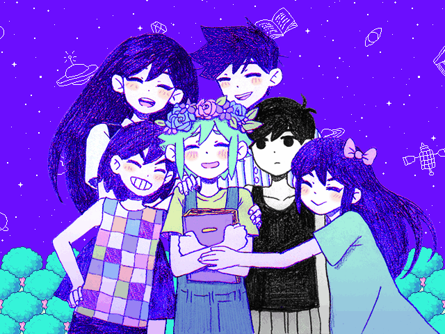 omori, aubrey, mari, kel, and hero (omori) drawn by omocat