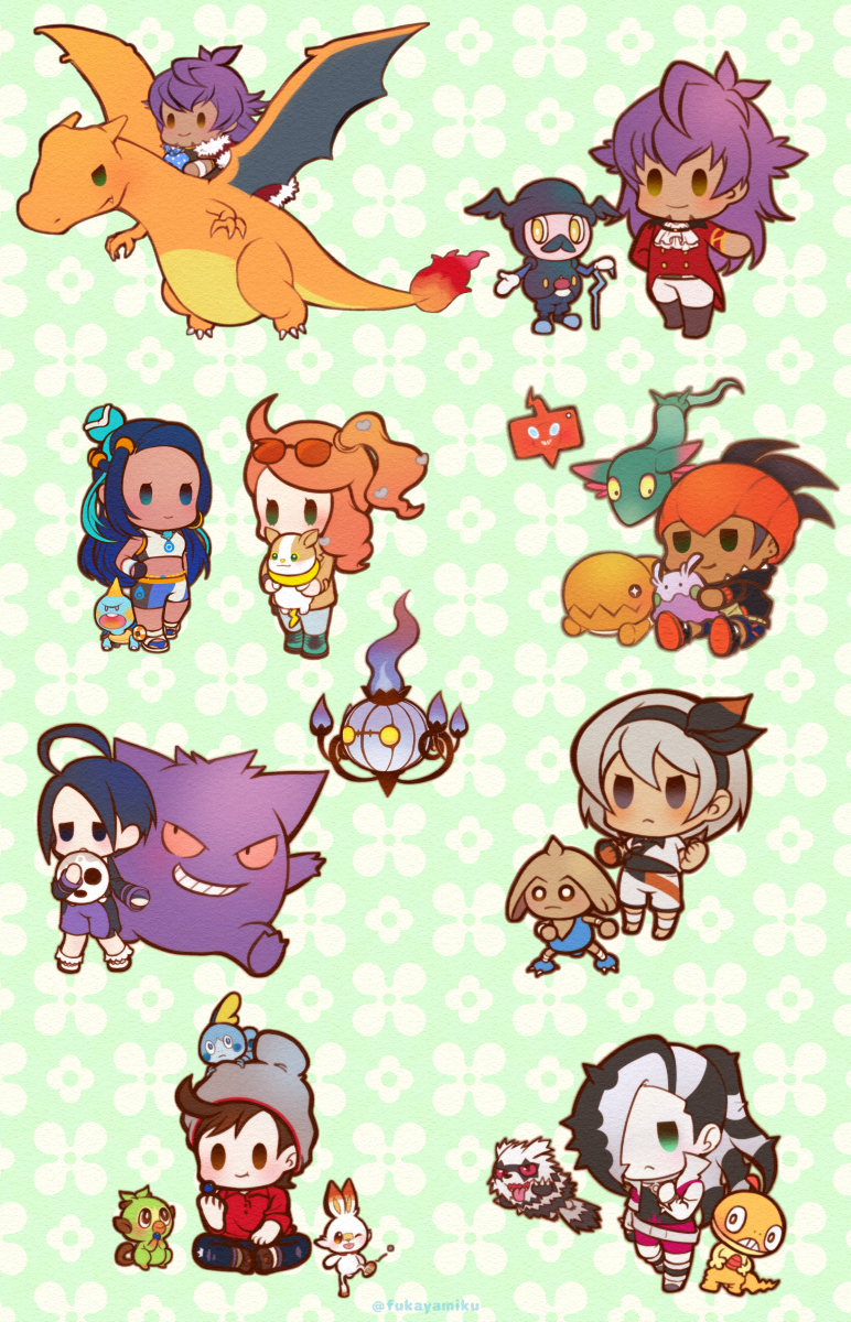 leon, raihan, rotom, nessa, bea, and 20 more (pokemon and 1 more) drawn by fukaya_miku