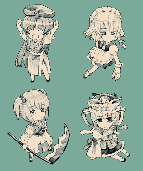 izayoi sakuya, hong meiling, shiki eiki, and onozuka komachi (touhou) drawn by takitarou