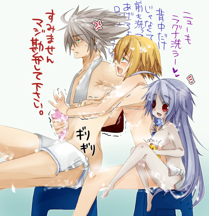 ragna the bloodedge, nu-13, and jin kisaragi (blazblue) drawn by uzukinoko