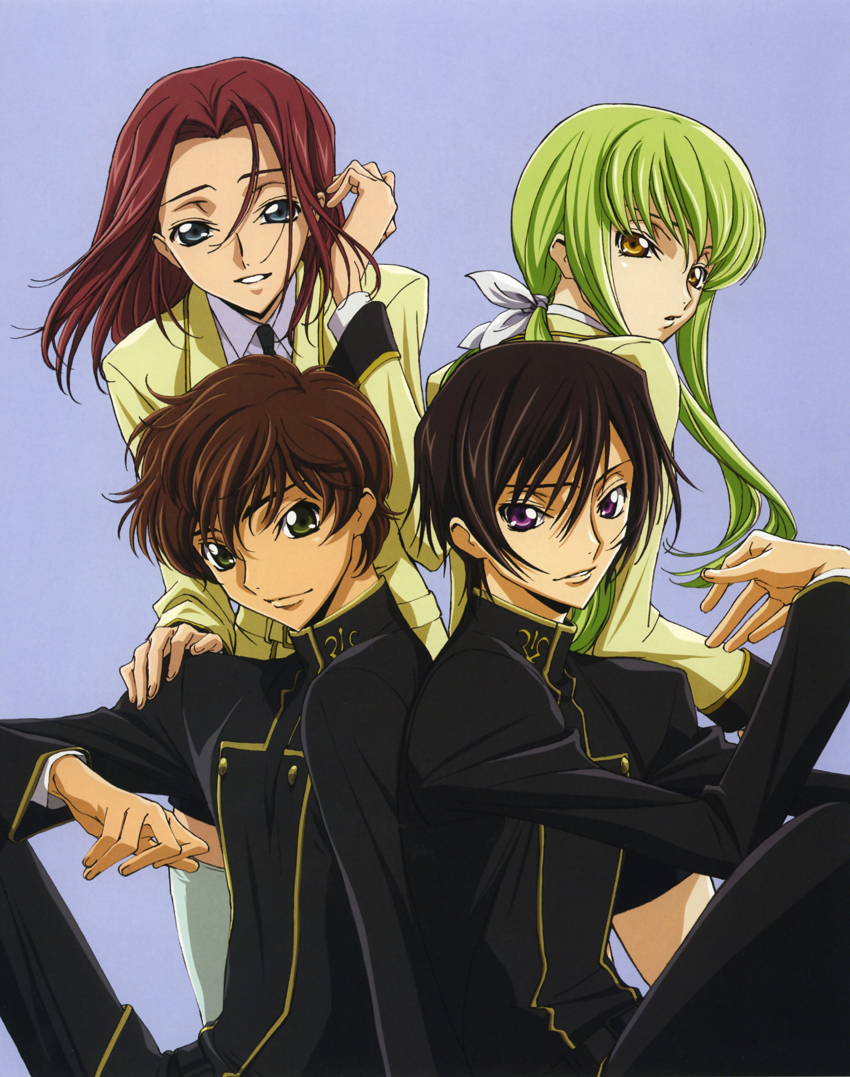 c.c., lelouch vi britannia, kouzuki kallen, and kururugi suzaku (code geass) drawn by chiba_yuriko
