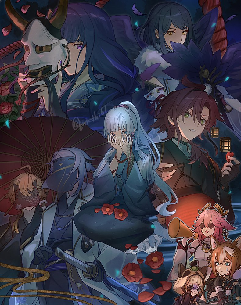raiden shogun, yae miko, kamisato ayaka, kujou sara, kamisato ayato, and 4 more (genshin impact) drawn by suitchi_(gn4othi61)