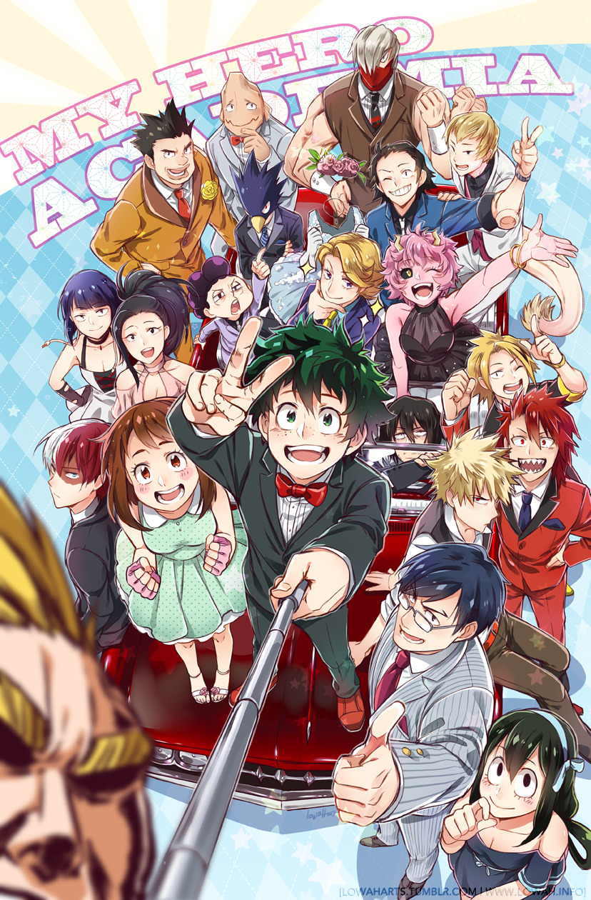 midoriya izuku, uraraka ochaco, bakugou katsuki, todoroki shoto, asui tsuyu, and 17 more (boku no hero academia) drawn by lowah