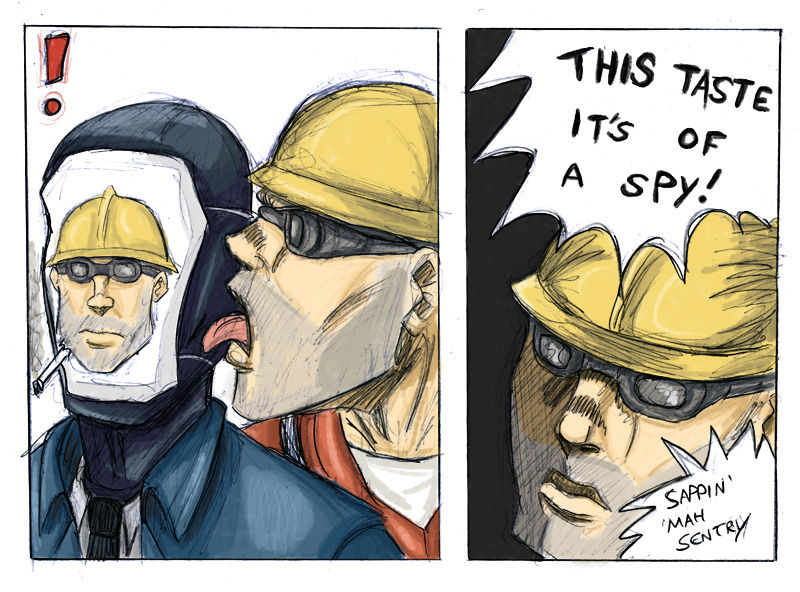 engineer, spy, red engineer, and blu spy (jojo no kimyou na bouken and 2 more) drawn by chuffyzor