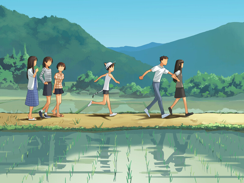 homura yuuka, matsukura ai, yoshino amane, yaguruma fumino, kaida masashi, and 1 more (hate shinaku aoi kono sora no shita de....) drawn by takamichi