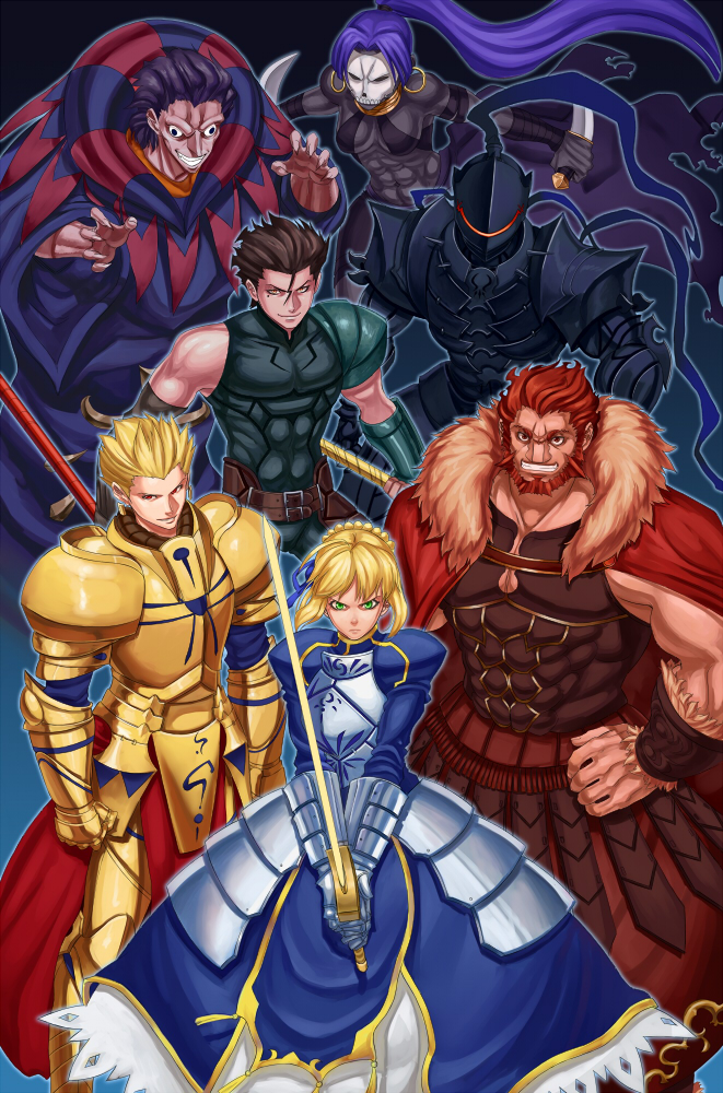 artoria pendragon, saber, gilgamesh, iskandar, diarmuid ua duibhne, and 4 more (fate and 1 more) drawn by rich_s
