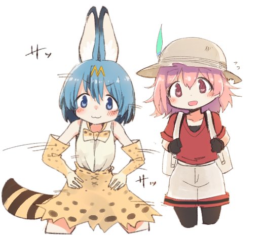 kaname madoka, miki sayaka, serval, and kaban (mahou shoujo madoka magica and 1 more) drawn by damenano104