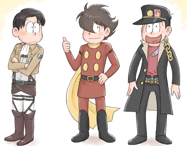 kujo jotaro, levi, matsuno osomatsu, matsuno jyushimatsu, matsuno choromatsu, and 4 more (jojo no kimyou na bouken and 5 more) drawn by lou_soten