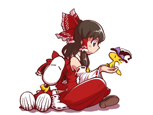 hakurei reimu, kirisame marisa, snoopy, and woodstock (touhou and 1 more) drawn by chamupei