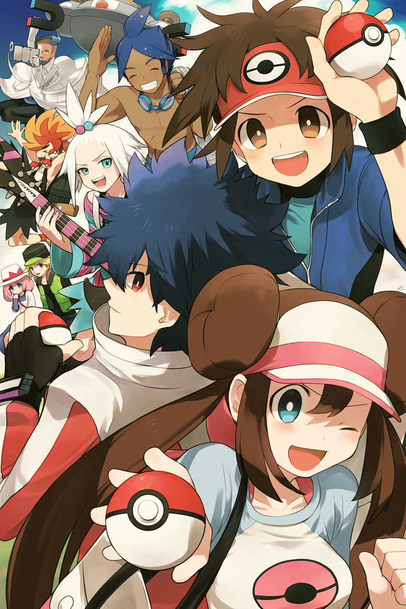rosa, nate, roxie, hugh, colress, and 5 more (pokemon and 1 more) drawn by noe_yuuhi