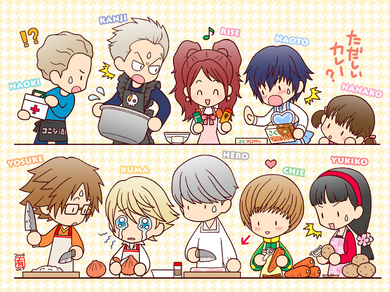 narukami yu, shirogane naoto, satonaka chie, kujikawa rise, amagi yukiko, and 5 more (persona and 1 more) drawn by kirano_yuka