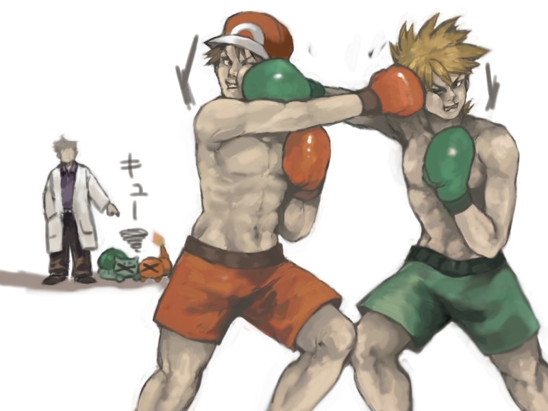 red, blue oak, bulbasaur, charmander, and professor oak (pokemon and 1 more) drawn by rotasu