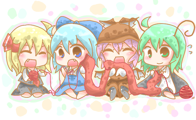cirno, rumia, mystia lorelei, and wriggle nightbug (touhou) drawn by doromizu
