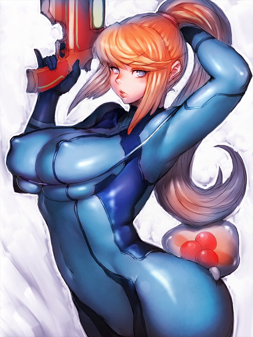 samus aran, metroid, and metroid larva (metroid) drawn by fumio_(rsqkr)