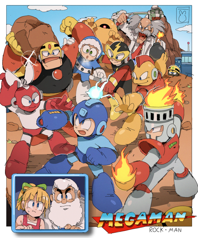 roll, mega man, met, dr. light, dr. wily, and 6 more (mega man and 1 more) drawn by bendedede