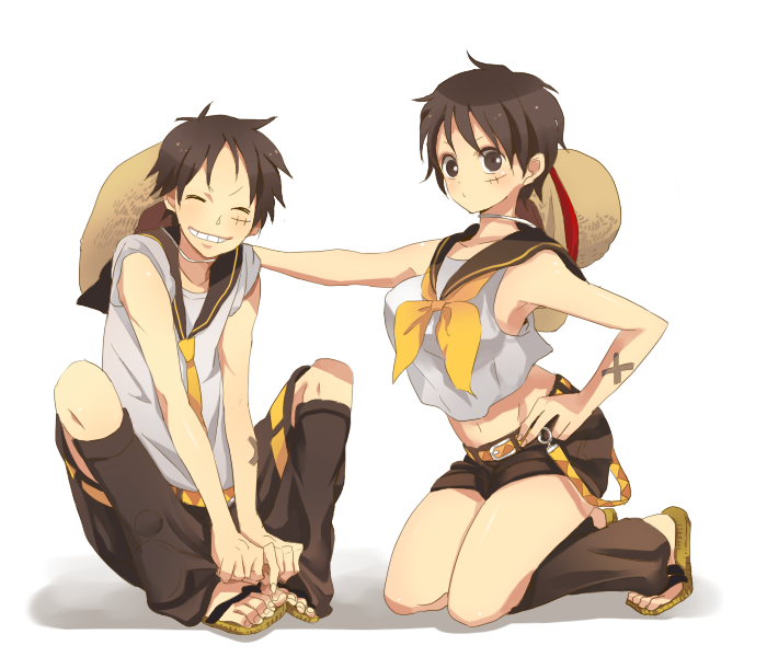 kagamine rin, kagamine len, monkey d. luffy, and luffyko (vocaloid and 1 more) drawn by yunion_(sibujya)