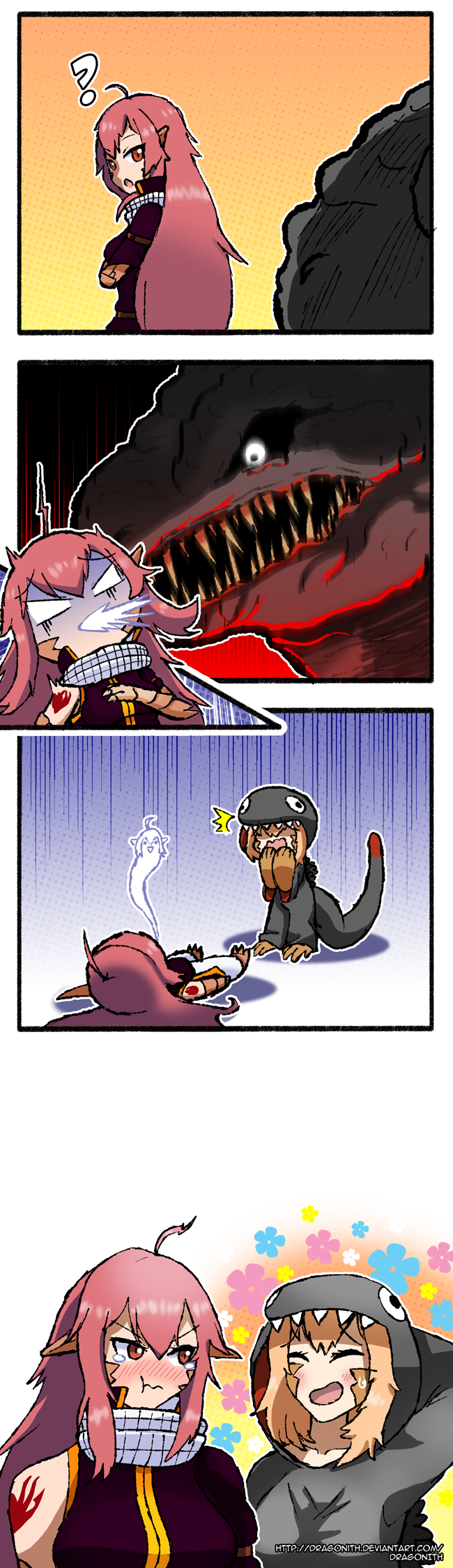 godzilla, natsu dragneel, liza, and sala (monster musume no iru nichijou and 4 more) drawn by dragonith