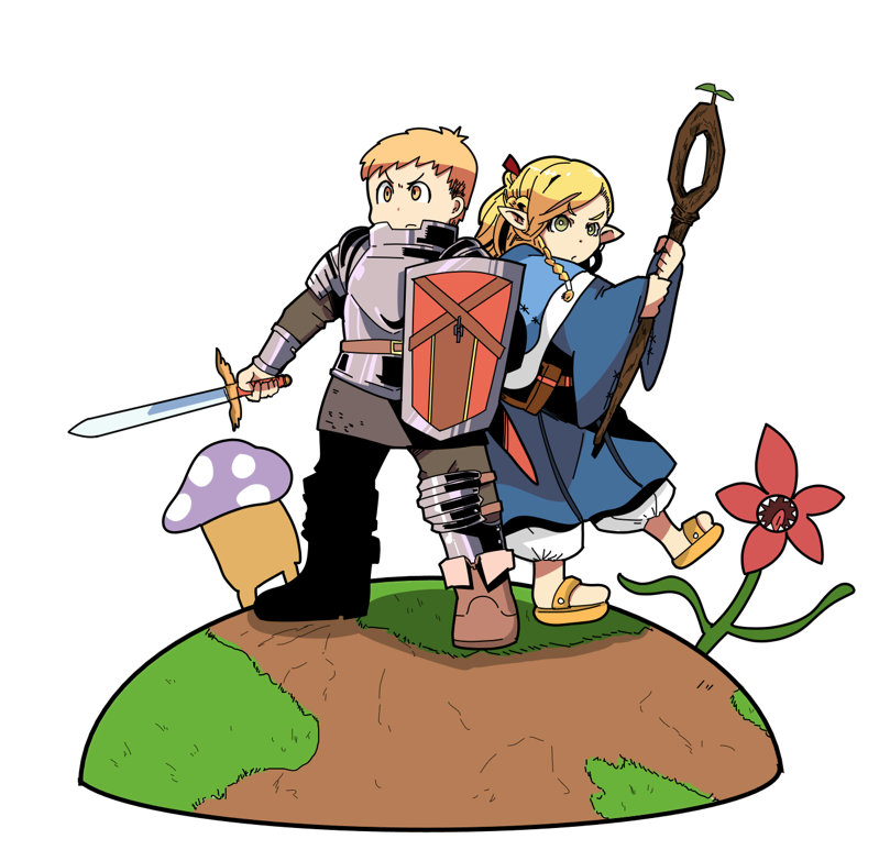 marcille donato, laios touden, and walking mushroom (dungeon meshi) drawn by yog