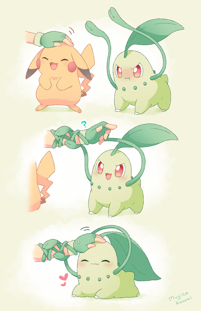 pikachu, ash ketchum, and chikorita (pokemon) drawn by mugita_konomi