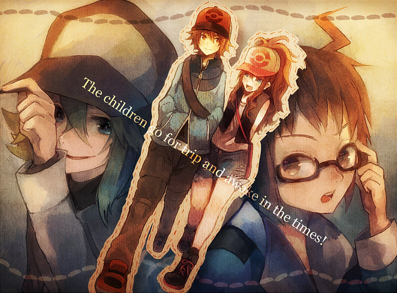 hilda, hilbert, n, and cheren (pokemon and 1 more) drawn by shinta_(nikka10)
