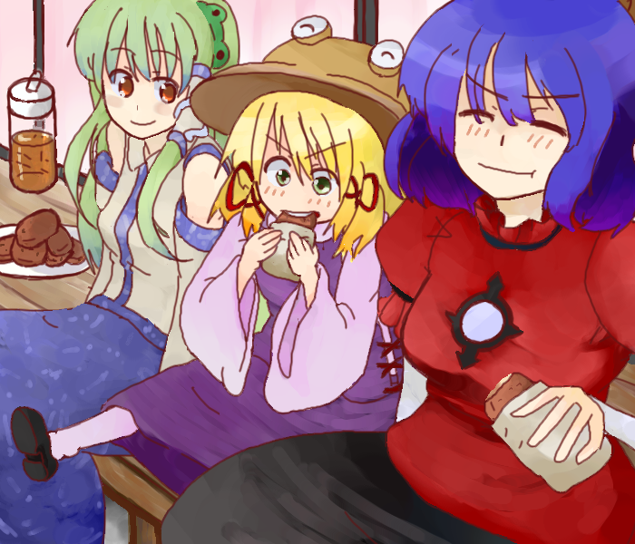kochiya sanae, moriya suwako, and yasaka kanako (touhou) drawn by monomi_(nasdai)