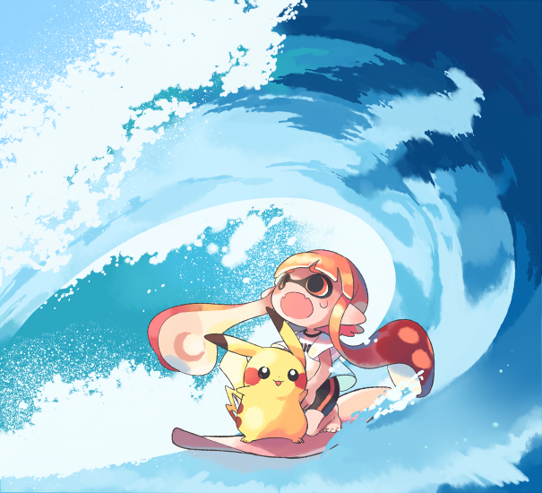 inkling player character, pikachu, inkling girl, and surfing pikachu (pokemon and 2 more) drawn by hitofutarai
