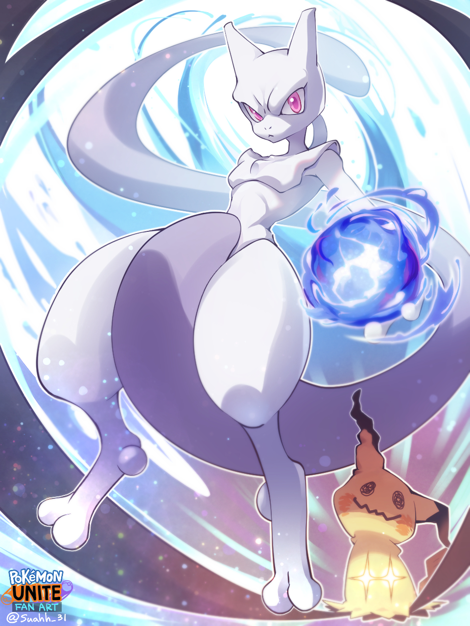 mimikyu and mewtwo (pokemon and 1 more) drawn by suahh