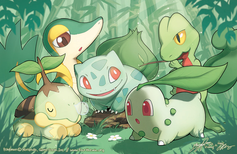 bulbasaur, snivy, chikorita, treecko, and turtwig (pokemon) drawn by finni_chang
