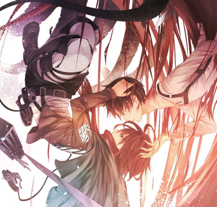 mikasa ackerman and eren yeager (shingeki no kyojin) drawn by syokuuuuuuuuumura