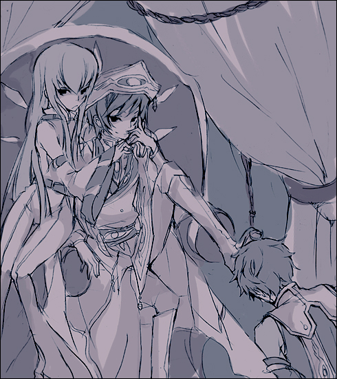 c.c., lelouch vi britannia, and kururugi suzaku (code geass) drawn by kl_(dgzonbi)
