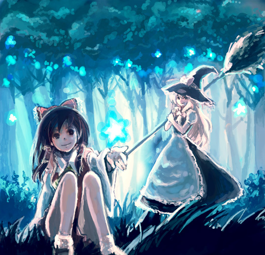 hakurei reimu and kirisame marisa (touhou) drawn by nd