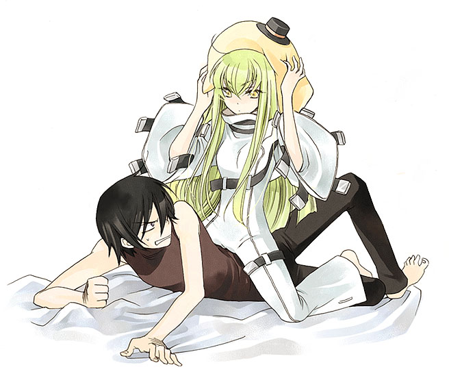 c.c., lelouch vi britannia, and cheese-kun (code geass and 1 more) drawn by fujioka_youko