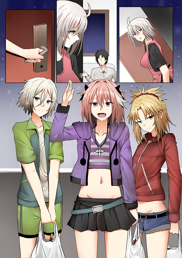fujimaru ritsuka, jeanne d'arc alter, astolfo, mordred, and prince of lan ling (fate and 2 more) drawn by ginhaha
