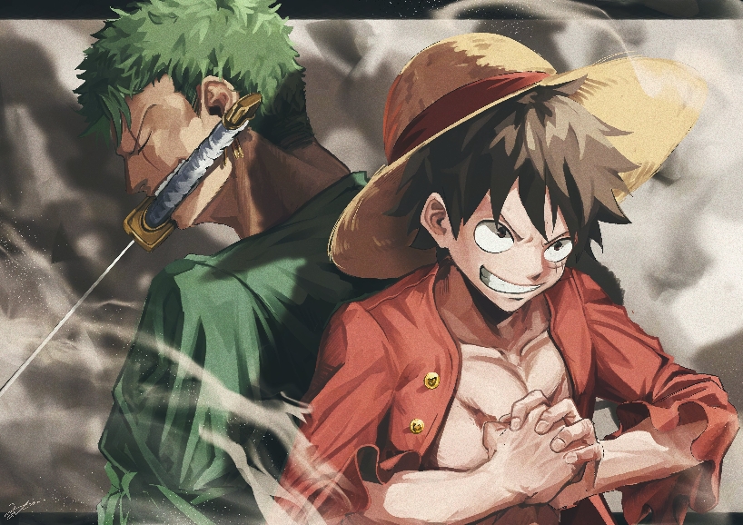 monkey d. luffy and roronoa zoro (one piece) drawn by fujitachobi