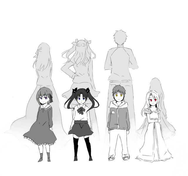 tohsaka rin, illyasviel von einzbern, emiya shirou, and matou sakura (fate and 2 more) drawn by amamizu_(shigure-doki)