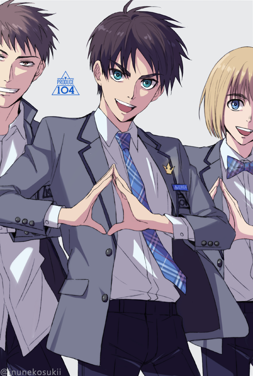 eren yeager, armin arlert, and jean kirstein (shingeki no kyojin) drawn by lena_rena